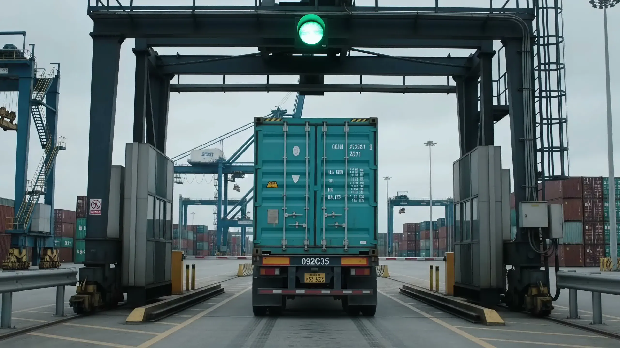 The blue container passes through the inspection checkpoint beneath a green signal.