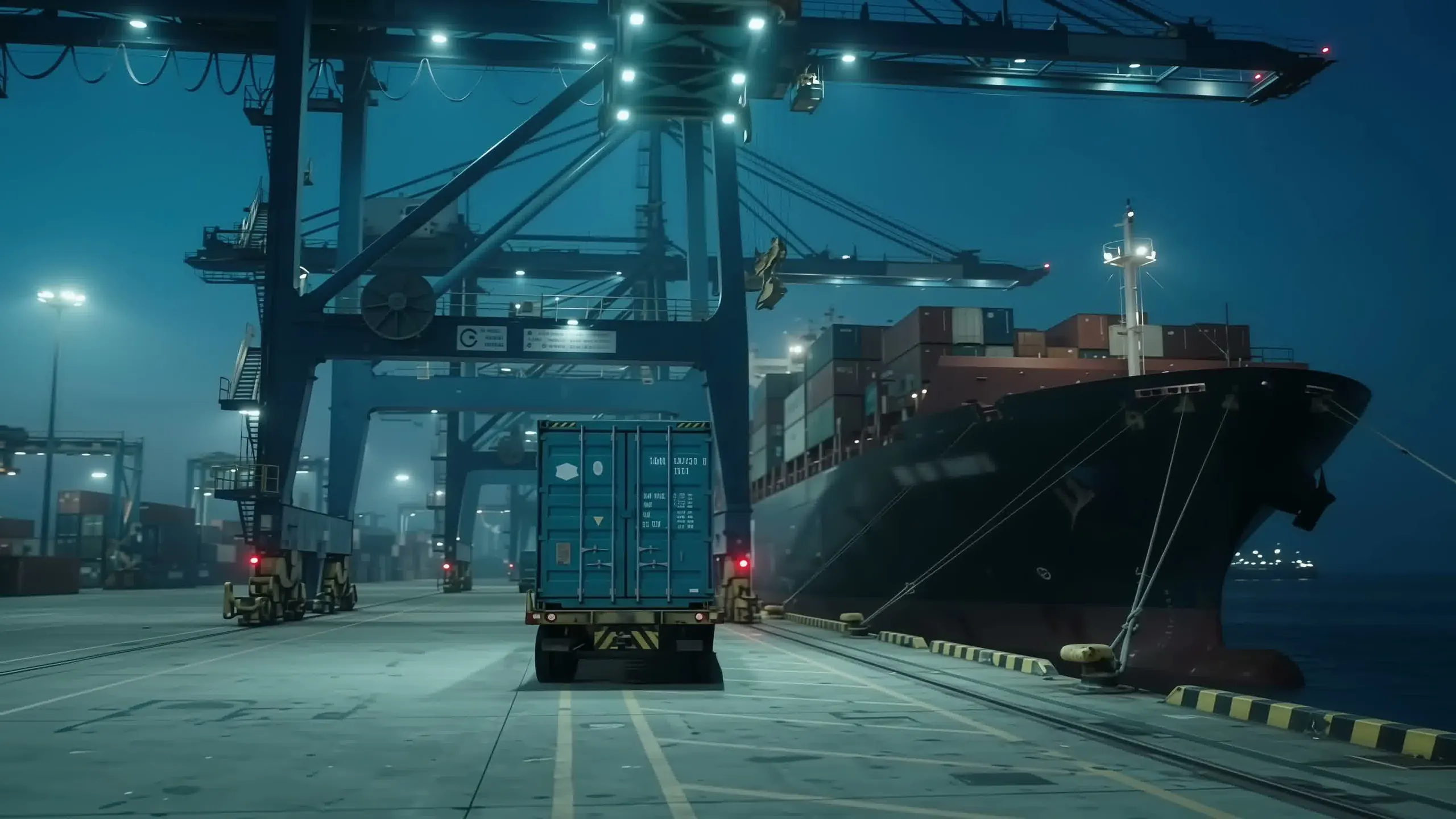 The blue container approaches a cargo ship beneath the port cranes.