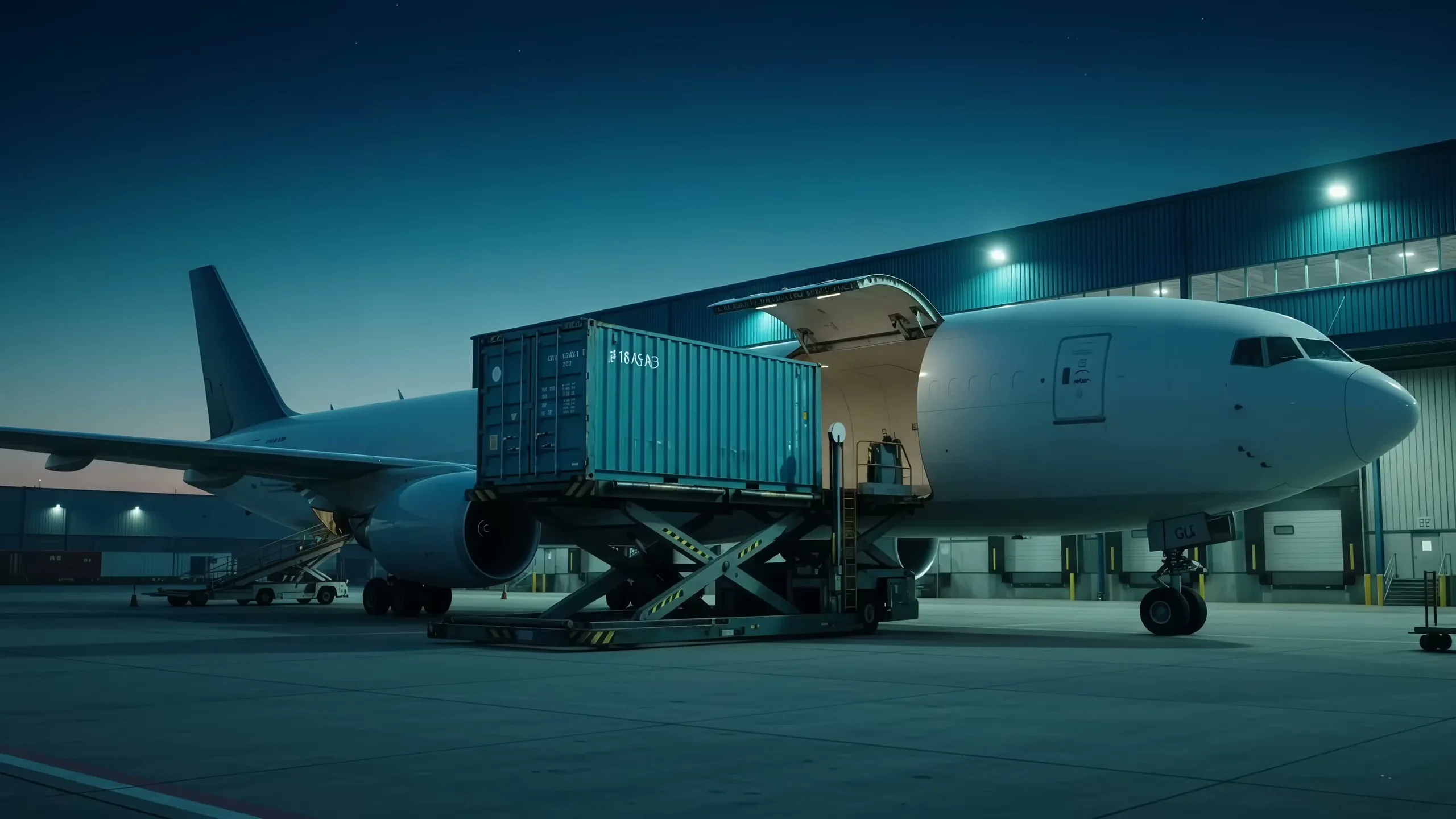 A blue freight container beside a cargo aircraft at night.