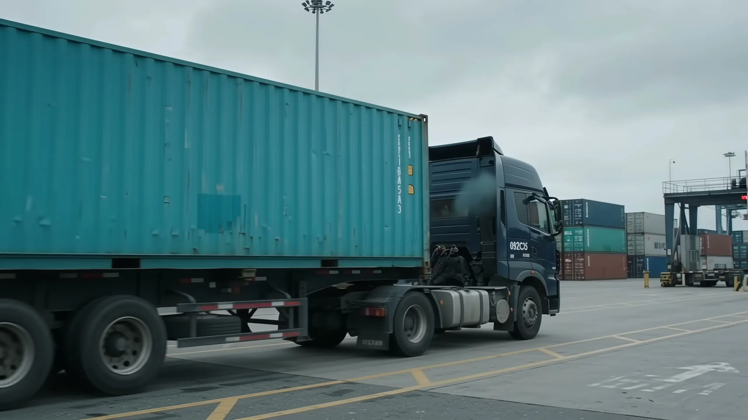 In daylight, a truck carries the blue container away from the terminal.