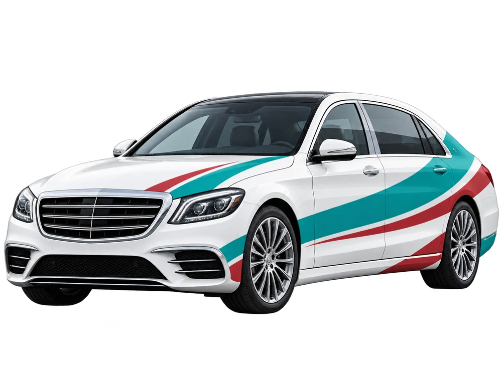 White sedan with teal and red detailing