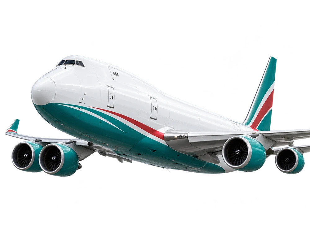 Cargo aircraft with teal and red detailing