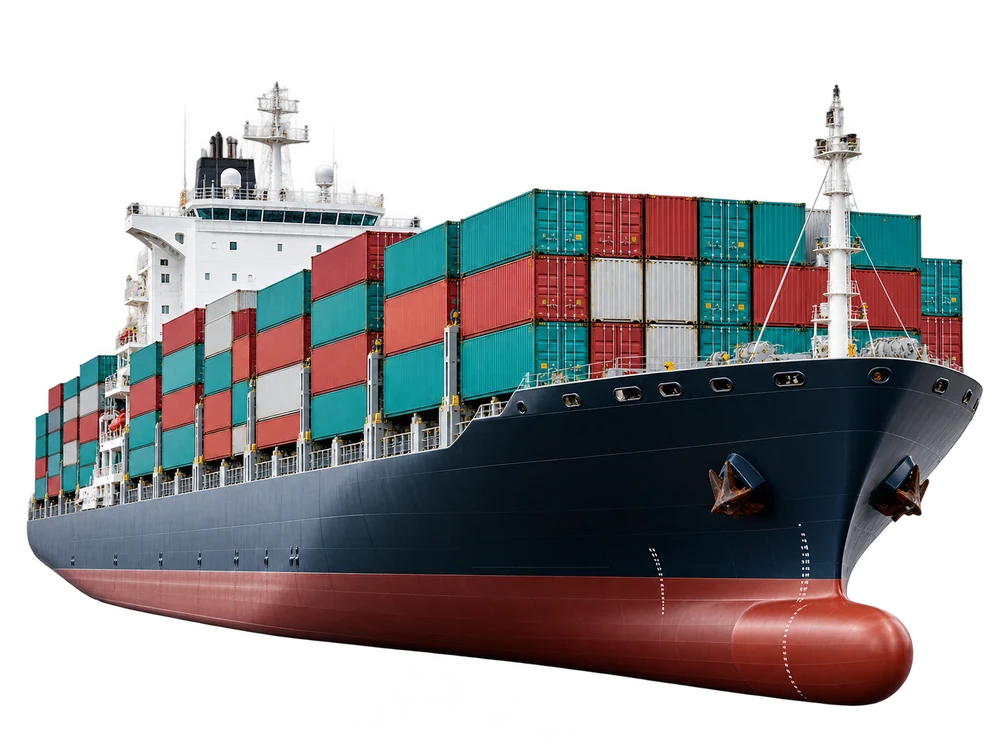 Container ship carrying teal, red and white containers