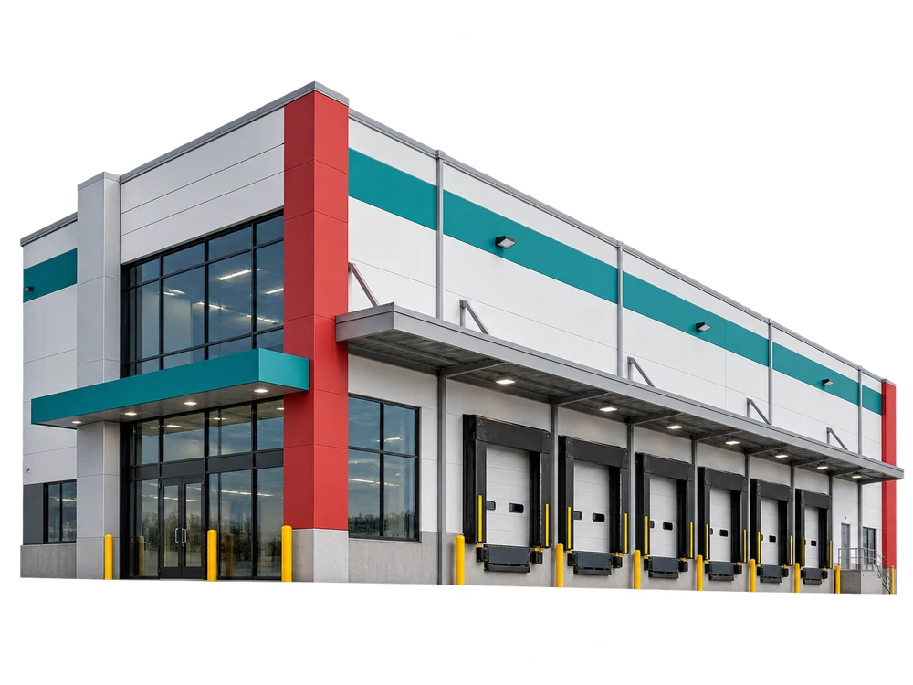 Modern warehouse with loading bays and teal and red detailing